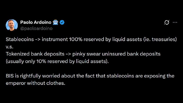 Tether CEO Slams BIS Push for Tokenized Bank Deposits