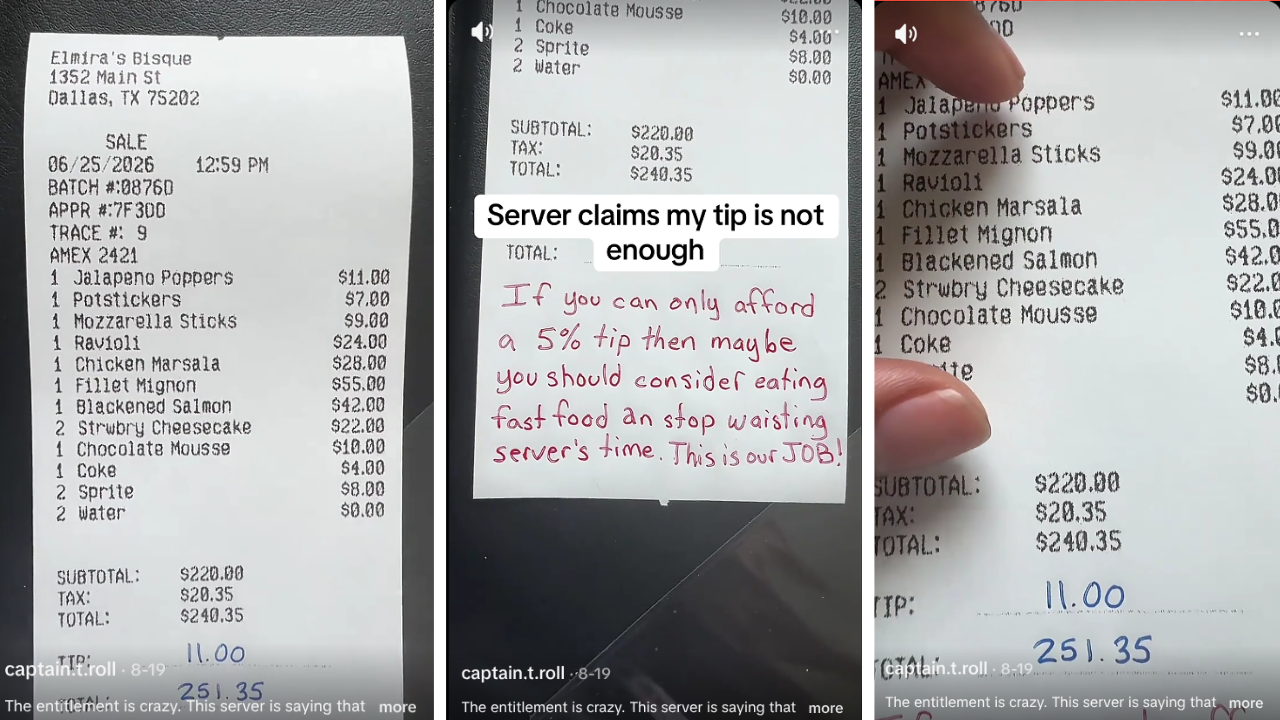 Man Claims Server Left Insulting Note on Bill Over Tip: ‘Maybe You Should Consider Eating Fast Food’
