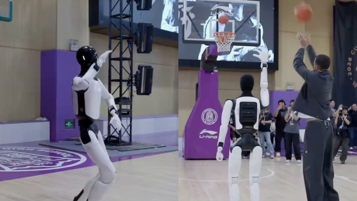 Singing Robot Approaches Steph Curry, Starts Making Shots Beside Him